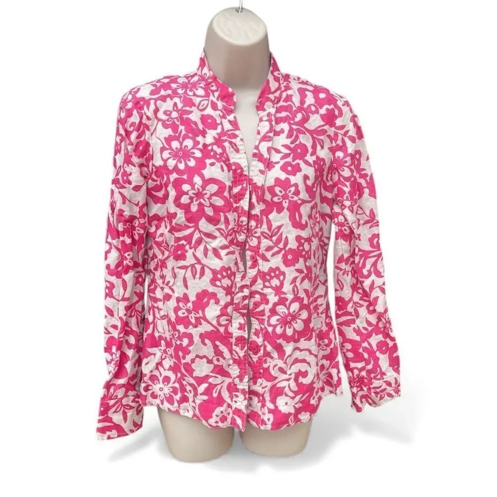 Charter Club Pink and White Floral Button Down Shirt 100% Linen